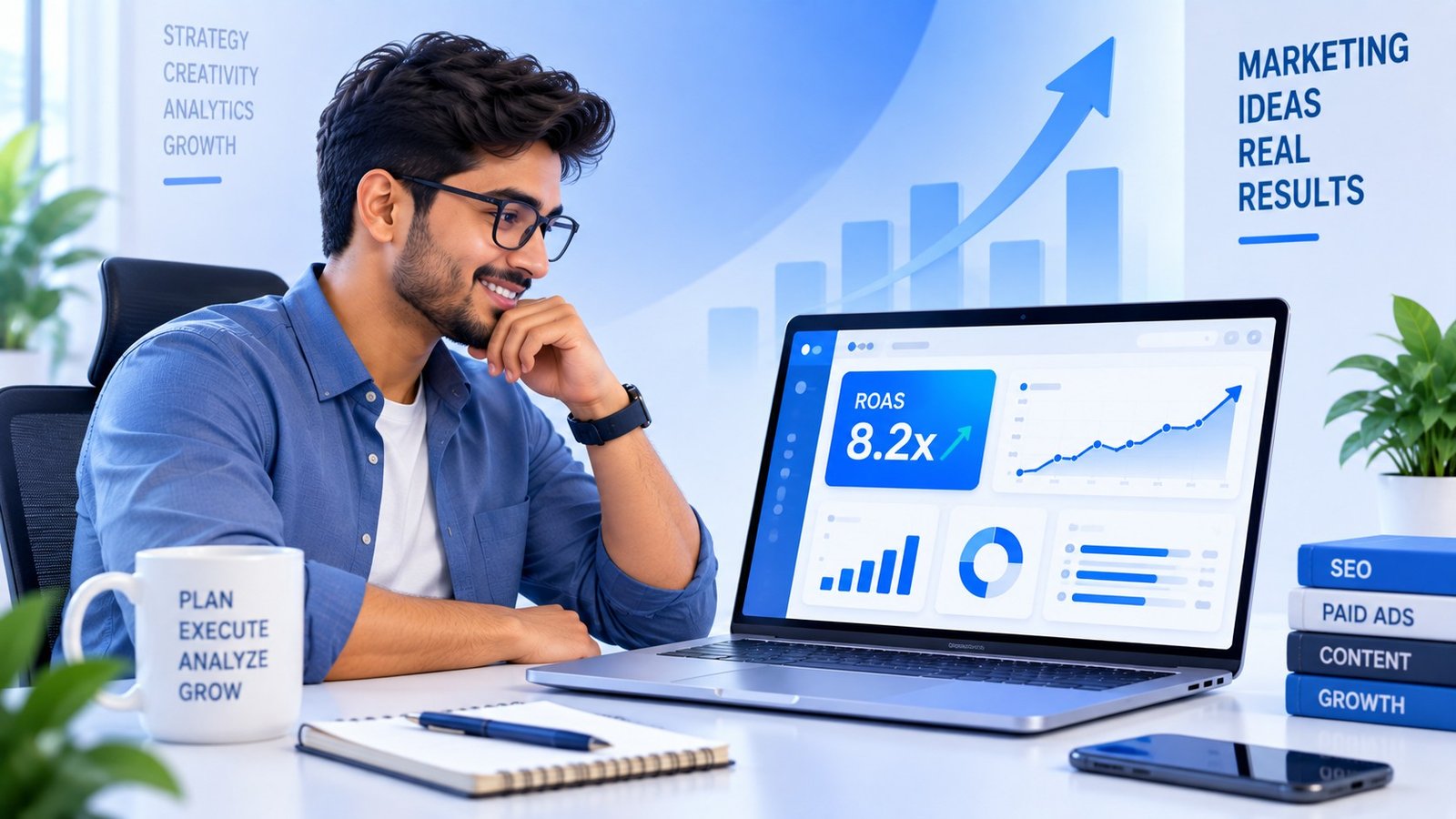 Digital marketer reviewing a Meta Ads dashboard showing 8.2x ROAS